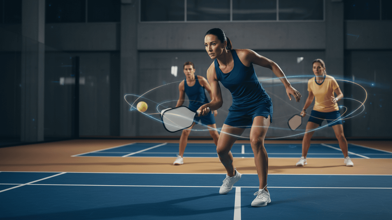 Three adult athletes practice pickleball with blue-and-gold motion trails.