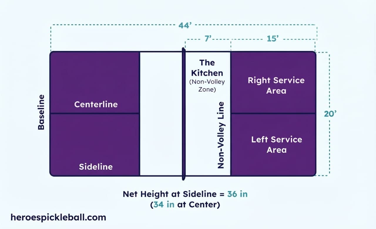 Original generic pickleball court layout with four adult recreational players and visually distinct court zones.