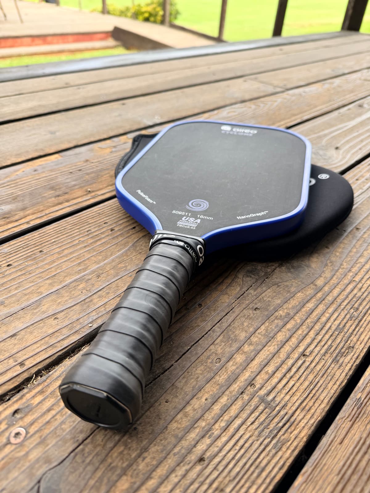 AIREO Cyclone Blue Elongated NanoGraph paddle during the Heroes Pickleball playtest.